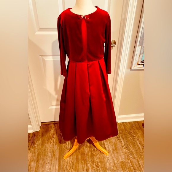 Jenny Annie Dots Satin Red Dress & Velvet Jacket & Ribbon Roses Girls 10